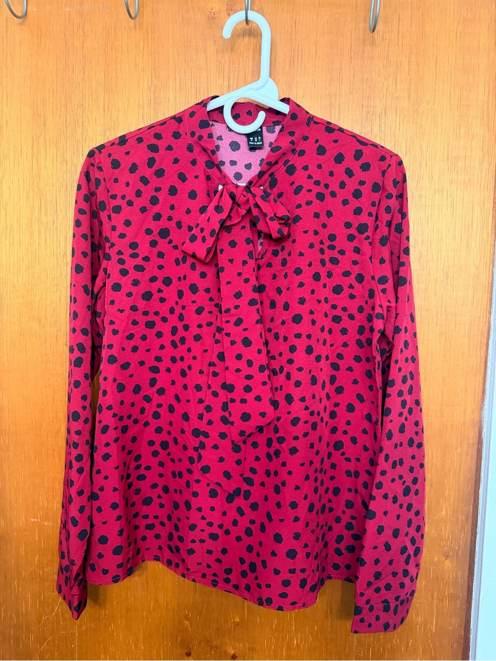 SHEIN Red and Black Polka Dot Tie-Neck Blouse